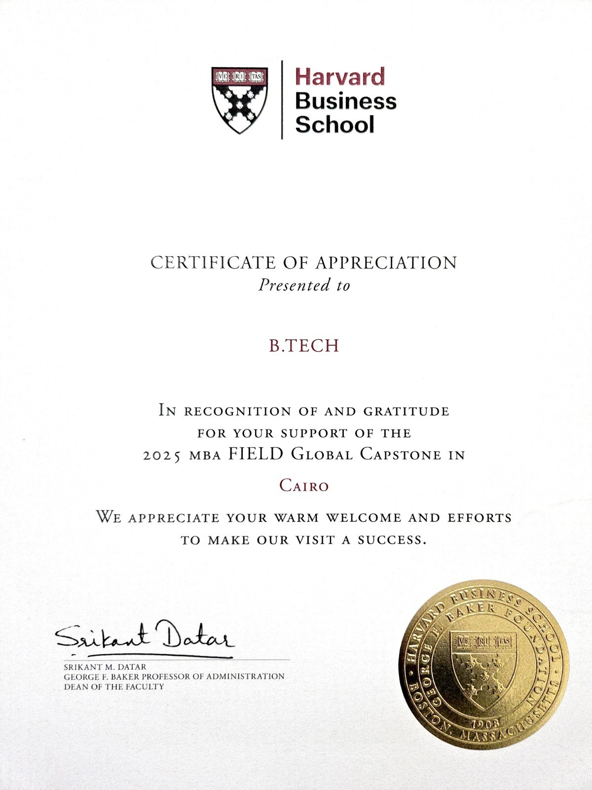 B.TECH Selected As Field Global Capstone Project Partner For Harvard Business School